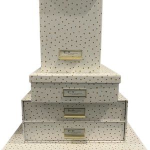 The container store’s Bigso Stockholm “Gold Dot” storage boxes.